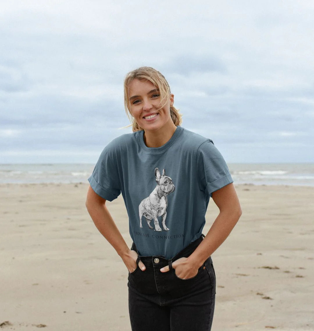 Lady on beach wearing frenchie t-shirt